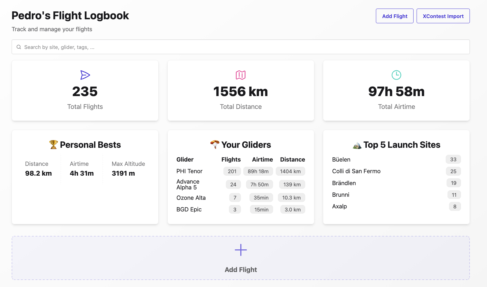 Flight Logbook Interface showing list of paragliding flights