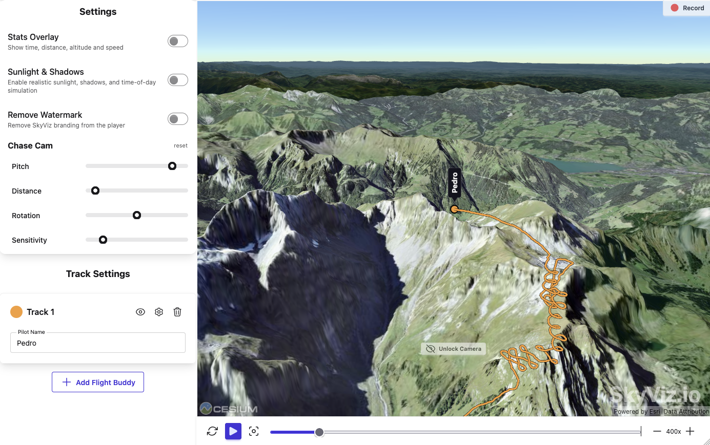 3D Flight Viewer showing paragliding flight in 3D terrain